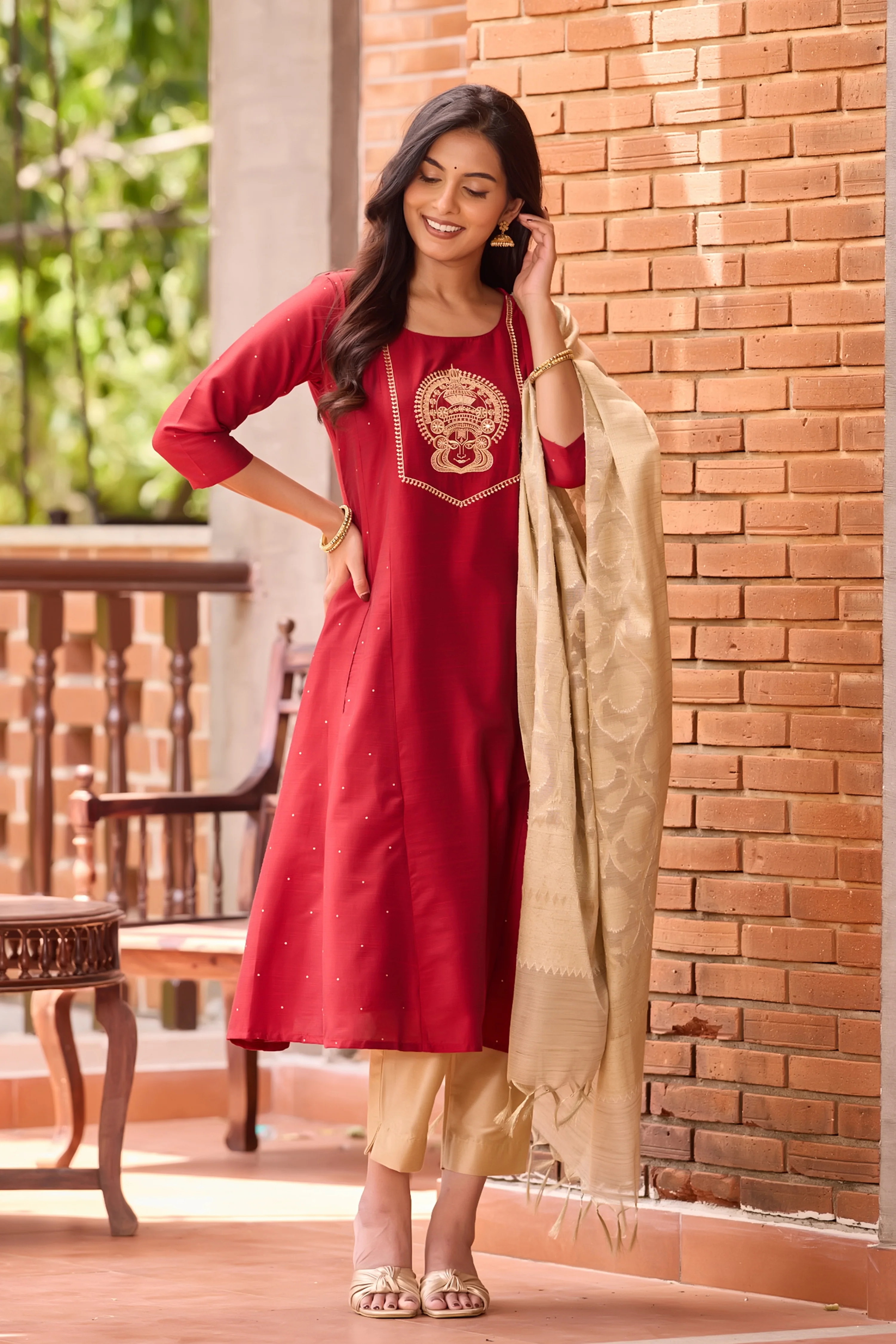 Red Straight Kurta Pant with Dupatta Set